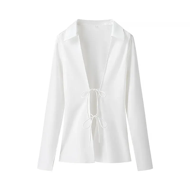 Satin Lace Up Long Sleeved Blouse