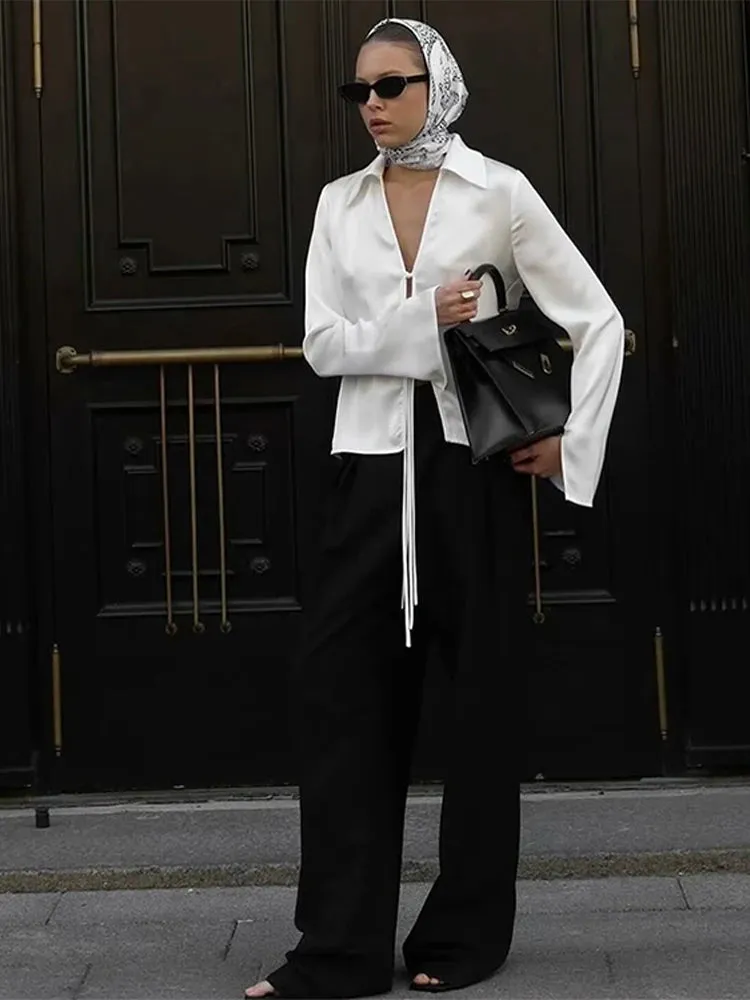 Satin Lace Up Long Sleeved Blouse