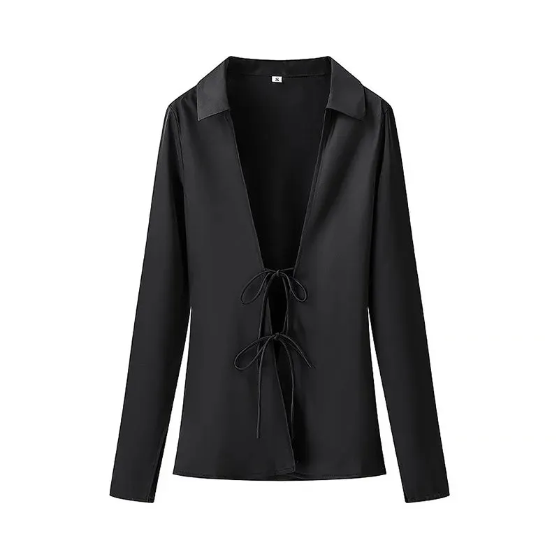Satin Lace Up Long Sleeved Blouse
