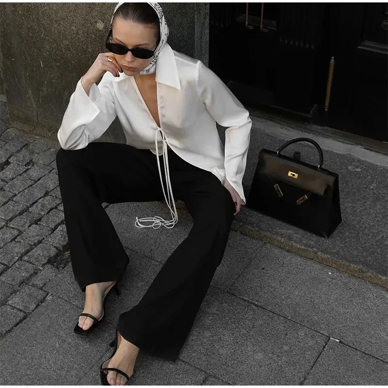 Satin Lace Up Long Sleeved Blouse