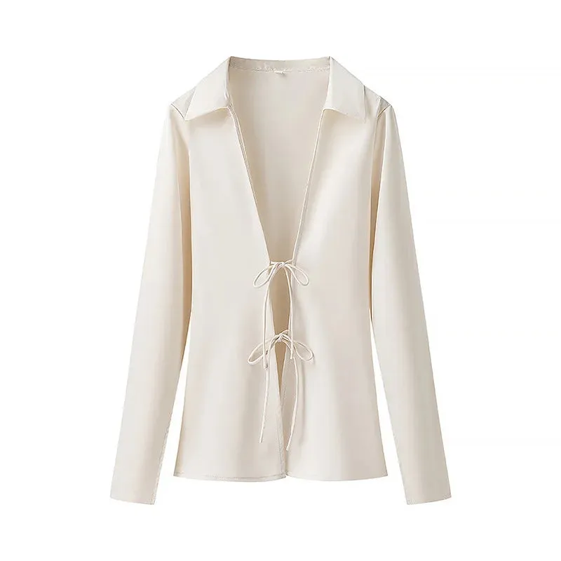 Satin Lace Up Long Sleeved Blouse