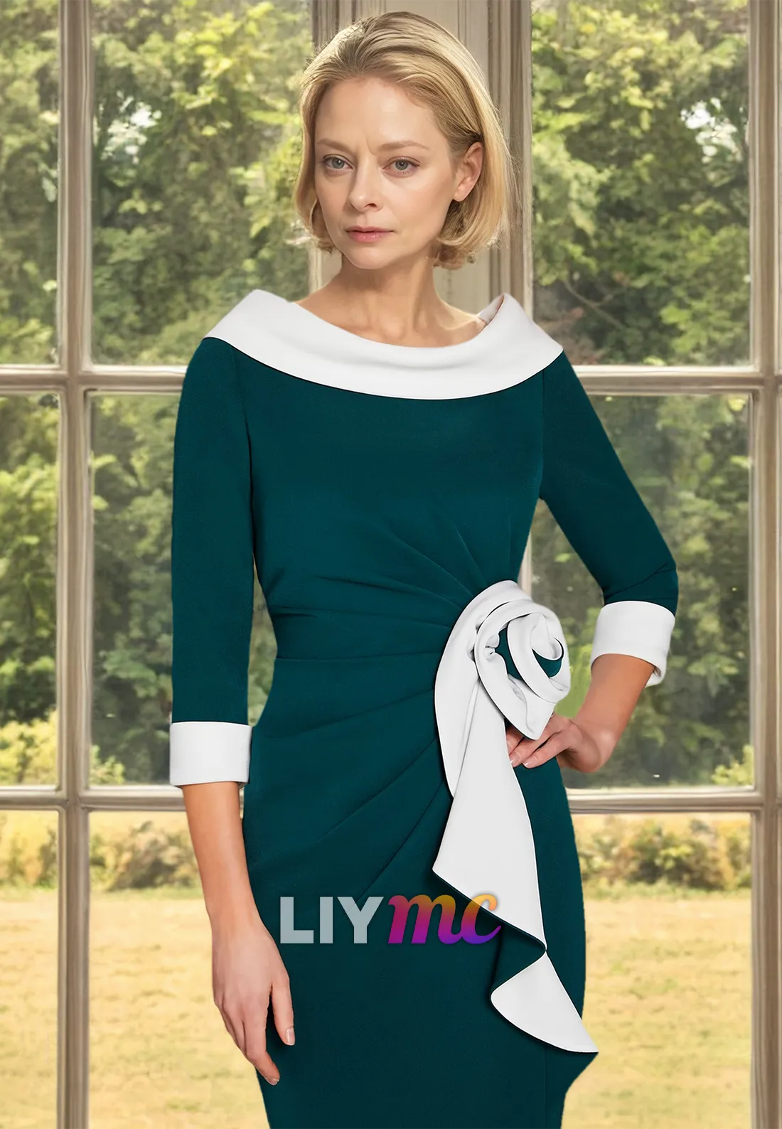Scoop Long Sleeves Floral Embellished Sheath Mother of Bride Dress