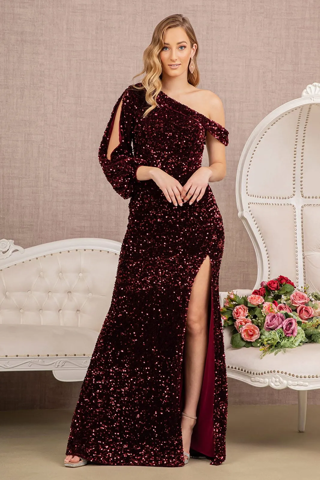 Sequin Fitted Long Sleeve Slit Gown by Elizabeth K GL3159