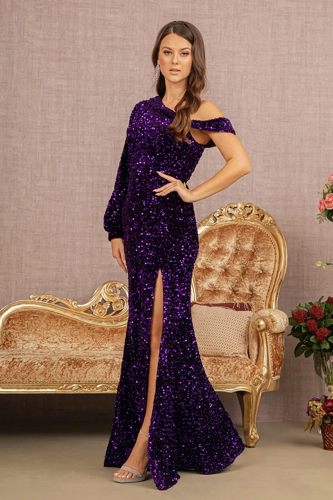 Sequin Fitted Long Sleeve Slit Gown by Elizabeth K GL3159