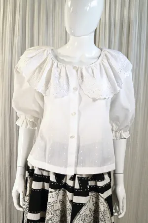 SOLD Vintage 60s White Ruffle Blouse, White Eyelet Collar