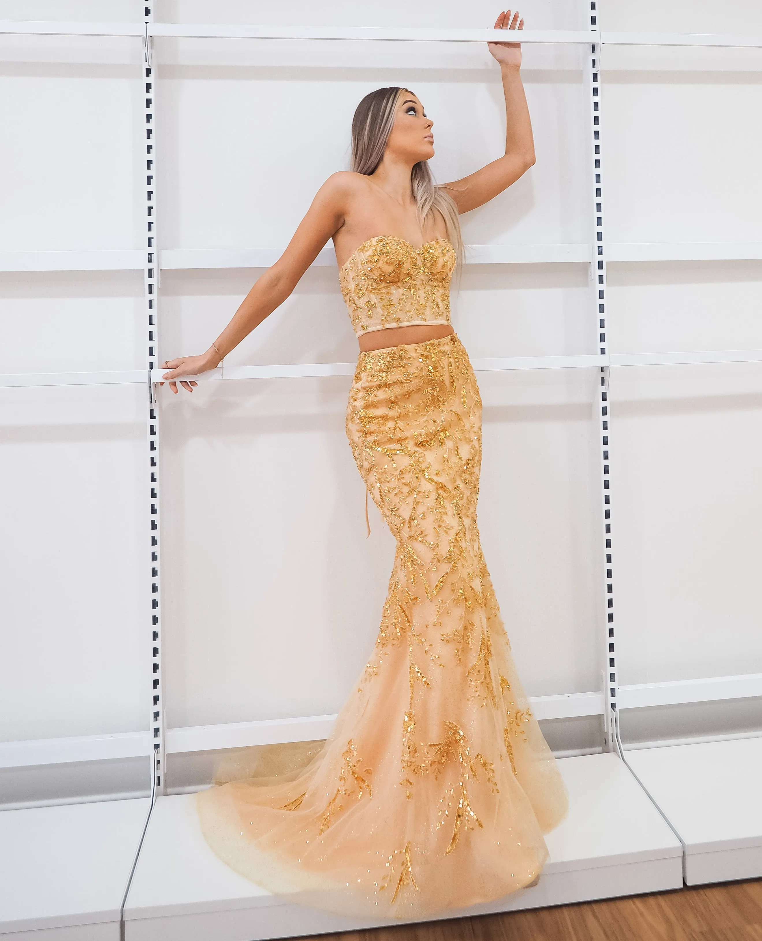 Sparkling gold bustier two piece mermaid dress for hire