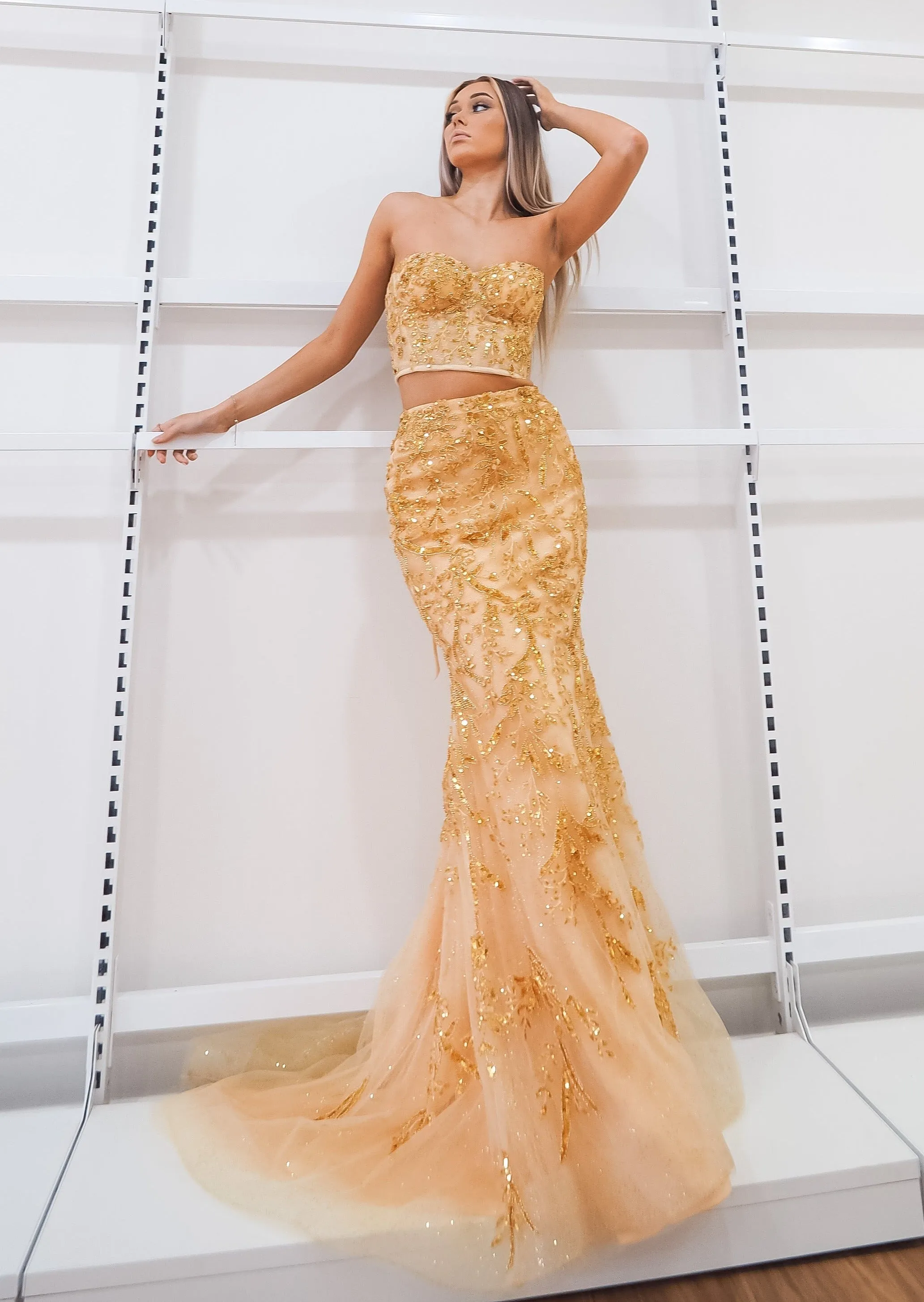 Sparkling gold bustier two piece mermaid dress for hire