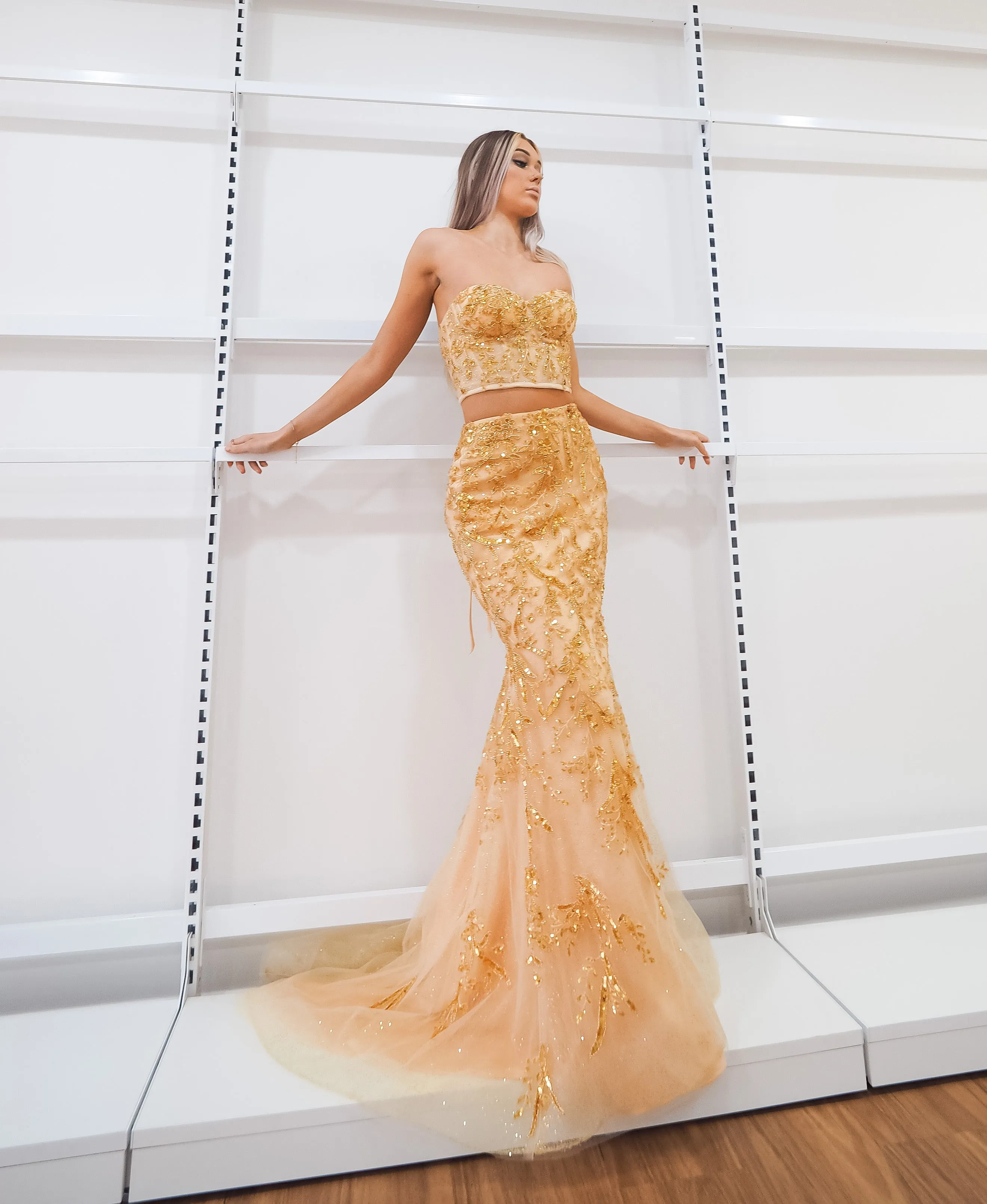 Sparkling gold bustier two piece mermaid dress for hire