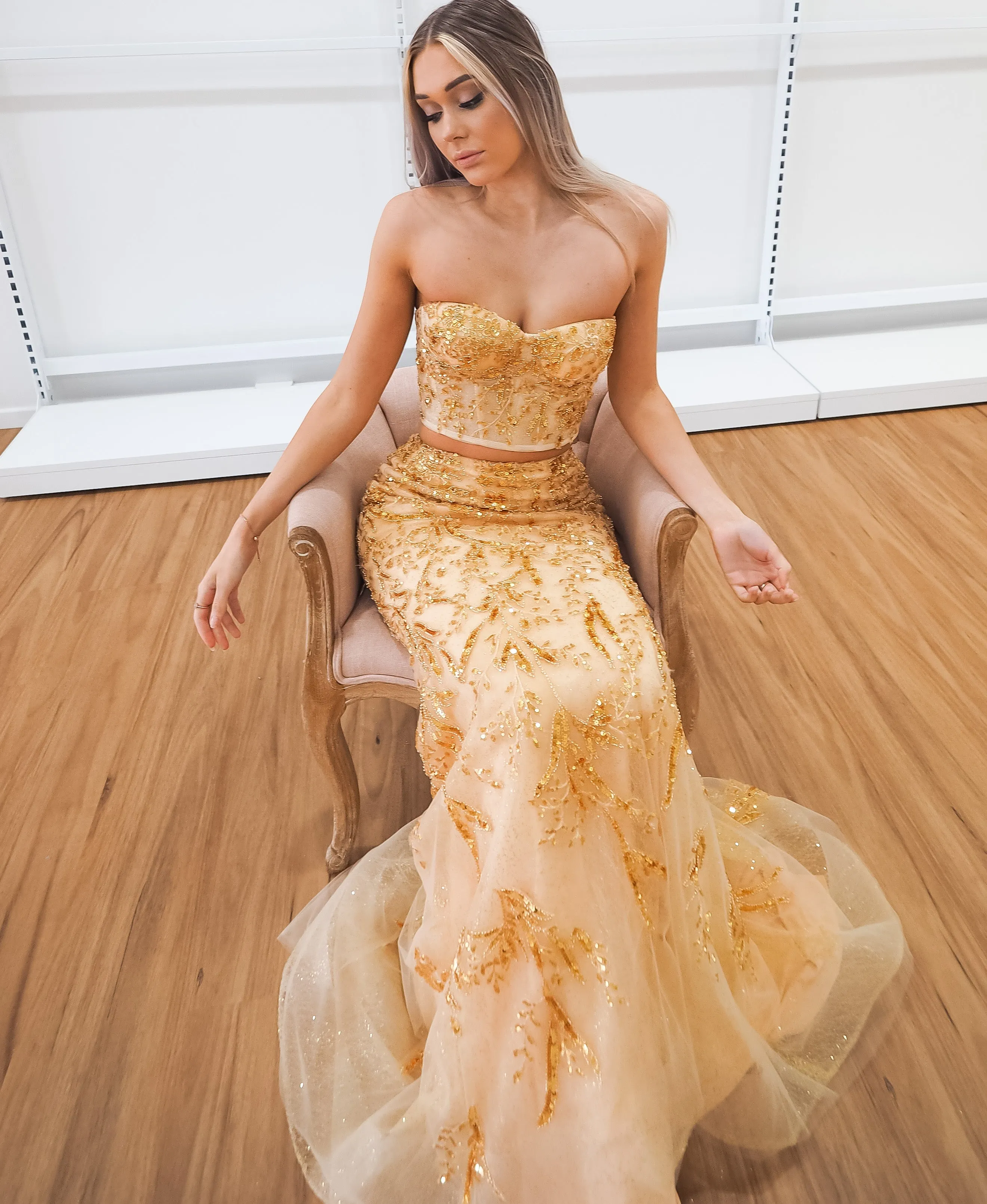 Sparkling gold bustier two piece mermaid dress for hire