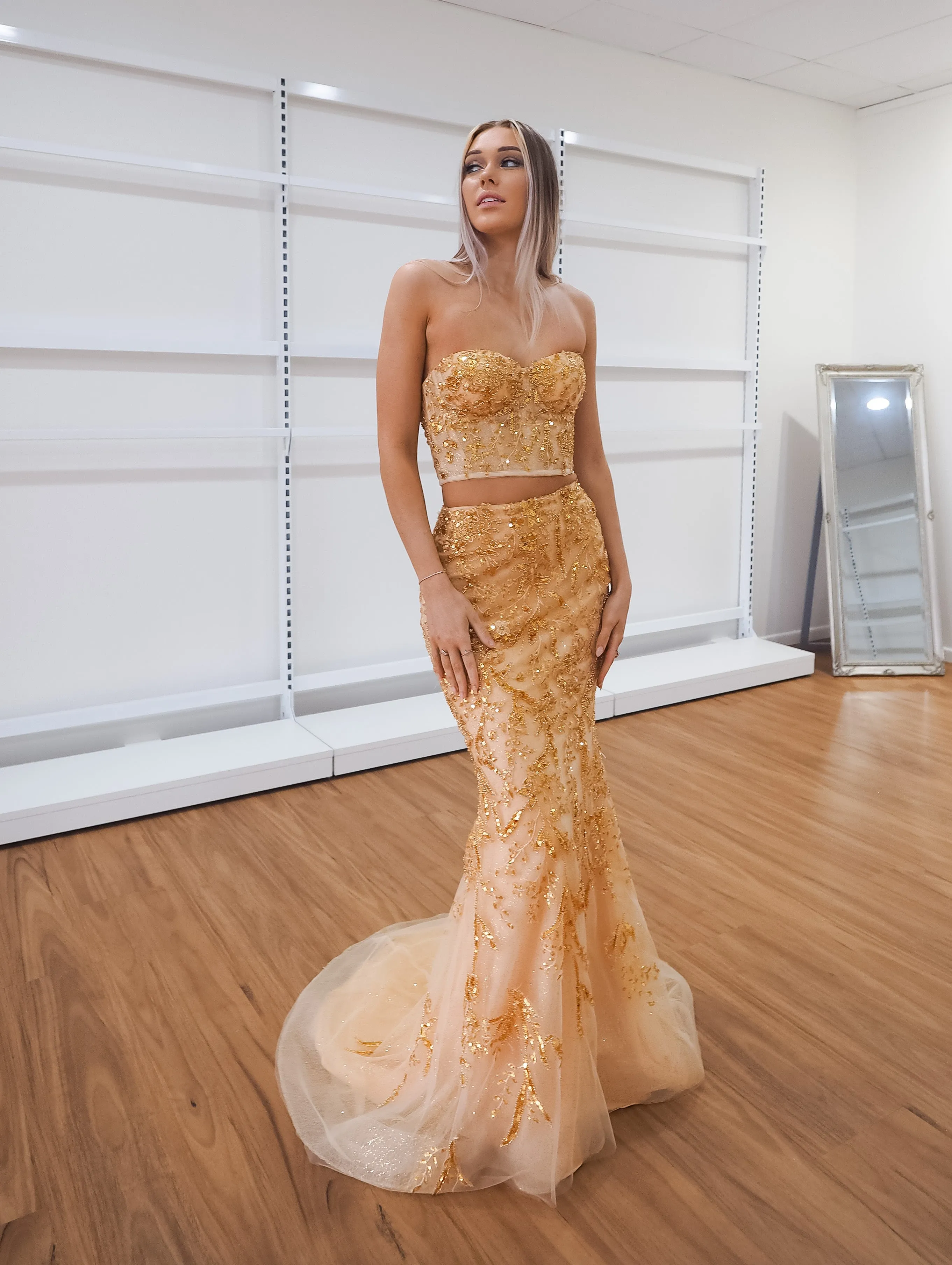 Sparkling gold bustier two piece mermaid dress for hire
