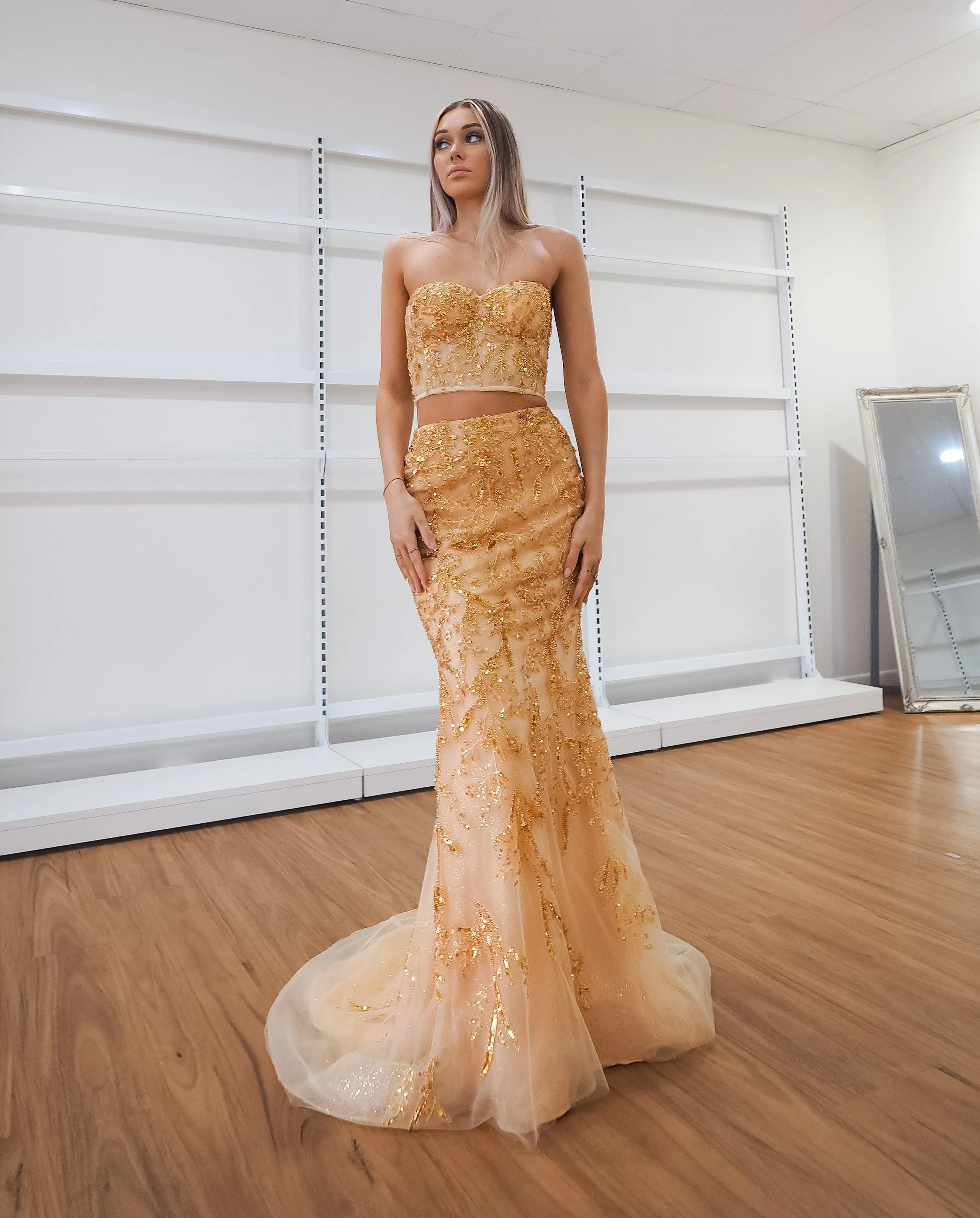 Sparkling gold bustier two piece mermaid dress for hire