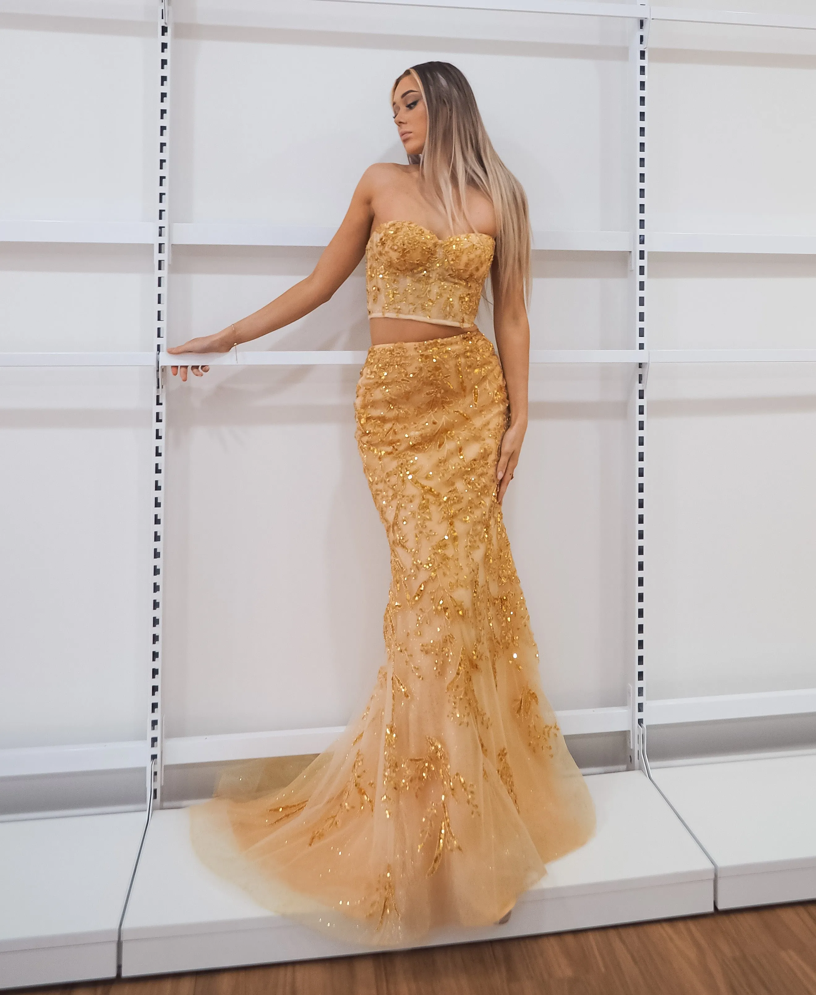 Sparkling gold bustier two piece mermaid dress for hire