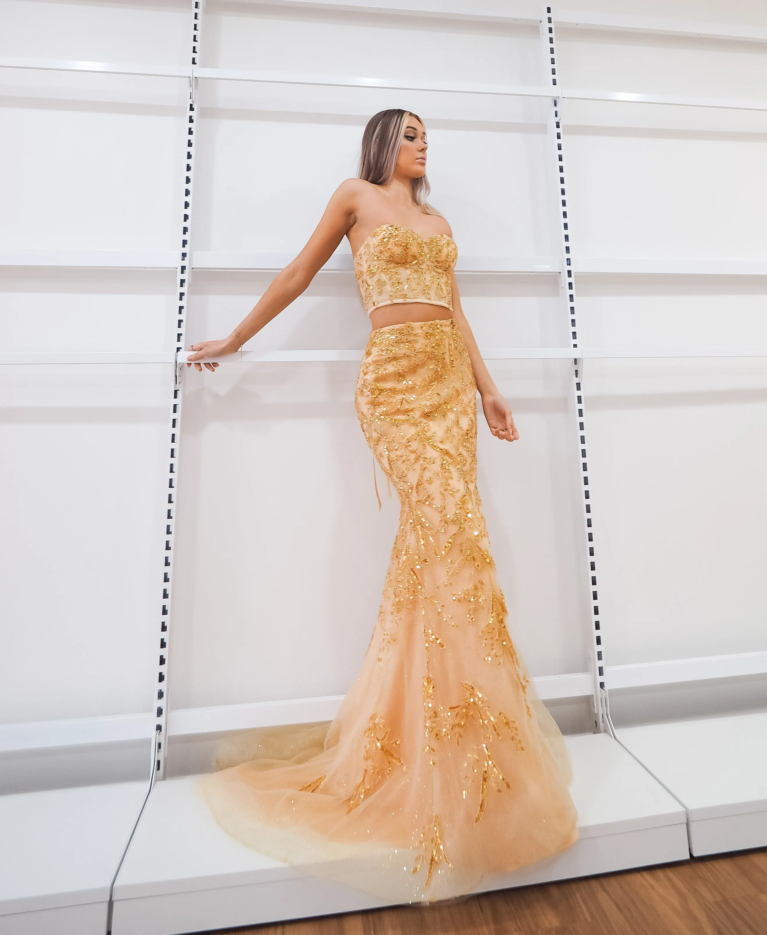 Sparkling gold bustier two piece mermaid dress for hire