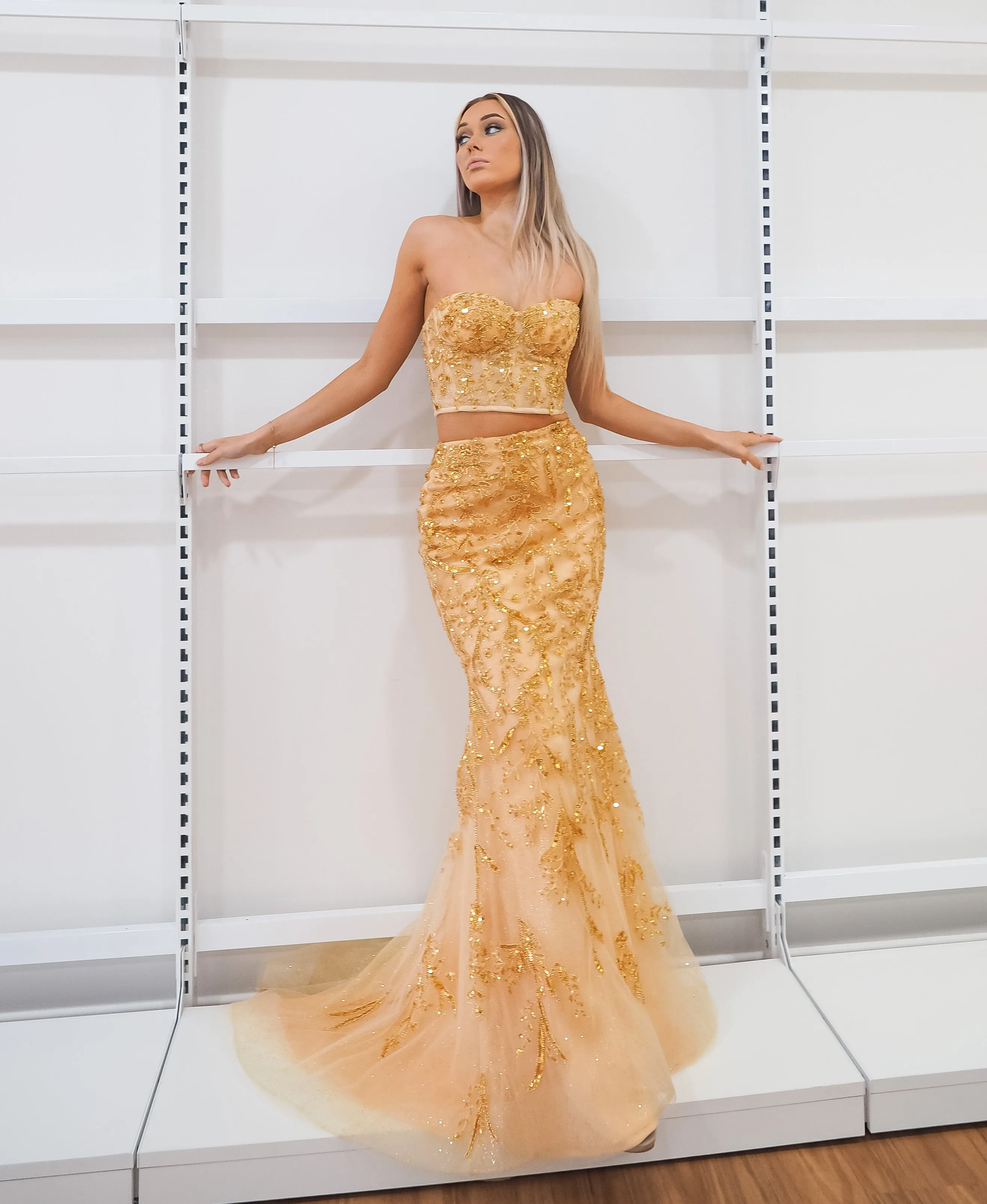 Sparkling gold bustier two piece mermaid dress for hire