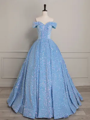 Sparkly Light Blue Off The Shoulder Sequins Ball Gown Prom Dress