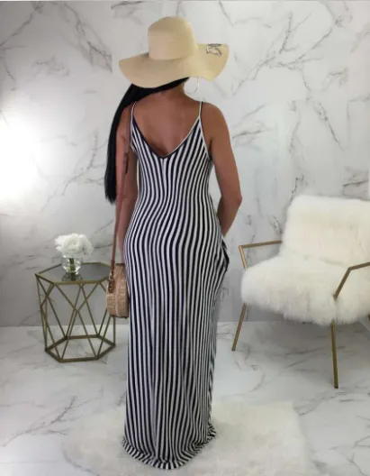 TastyHottie - Loose long striped women's dress with suspenders
