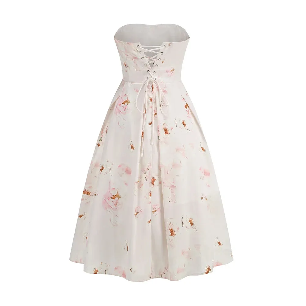 Trend4us Women's Floral Corset-Back Strapless Midi Dress