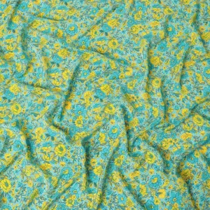 Turquoise blue silk crepe fabric with yellow, green and blye prints in floral design - D9911