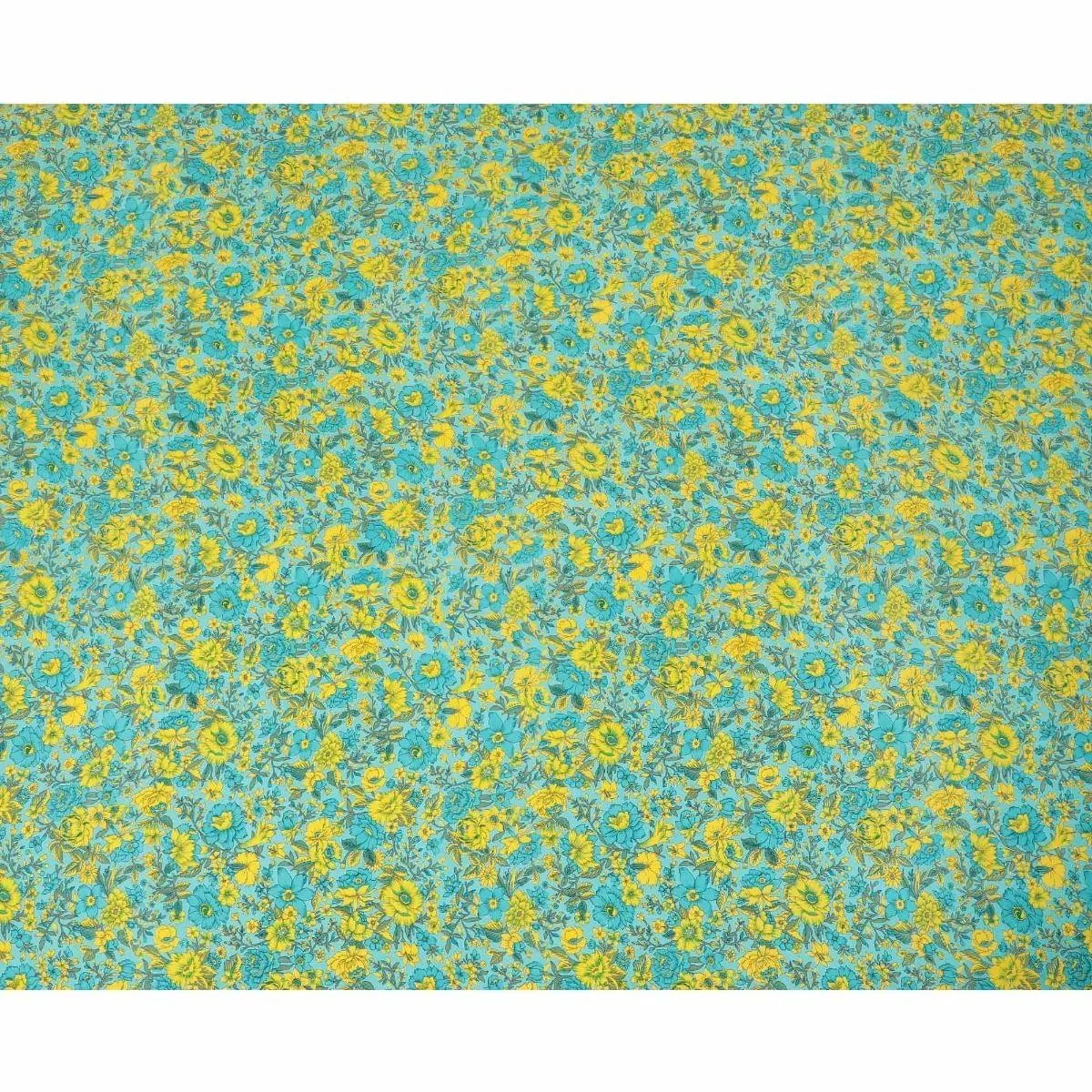 Turquoise blue silk crepe fabric with yellow, green and blye prints in floral design - D9911