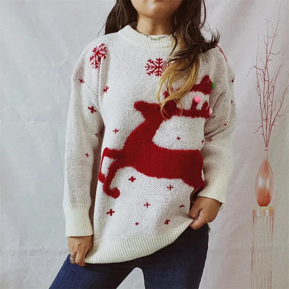 Wenkouban-Christmas Thanksgiving outfits_Korean Style Casual Loose Christmas Pullover Red Christmas Sweater