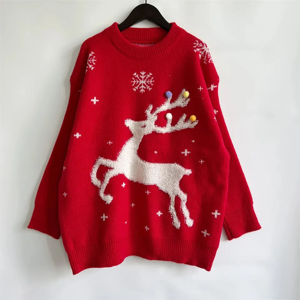 Wenkouban-Christmas Thanksgiving outfits_Korean Style Casual Loose Christmas Pullover Red Christmas Sweater