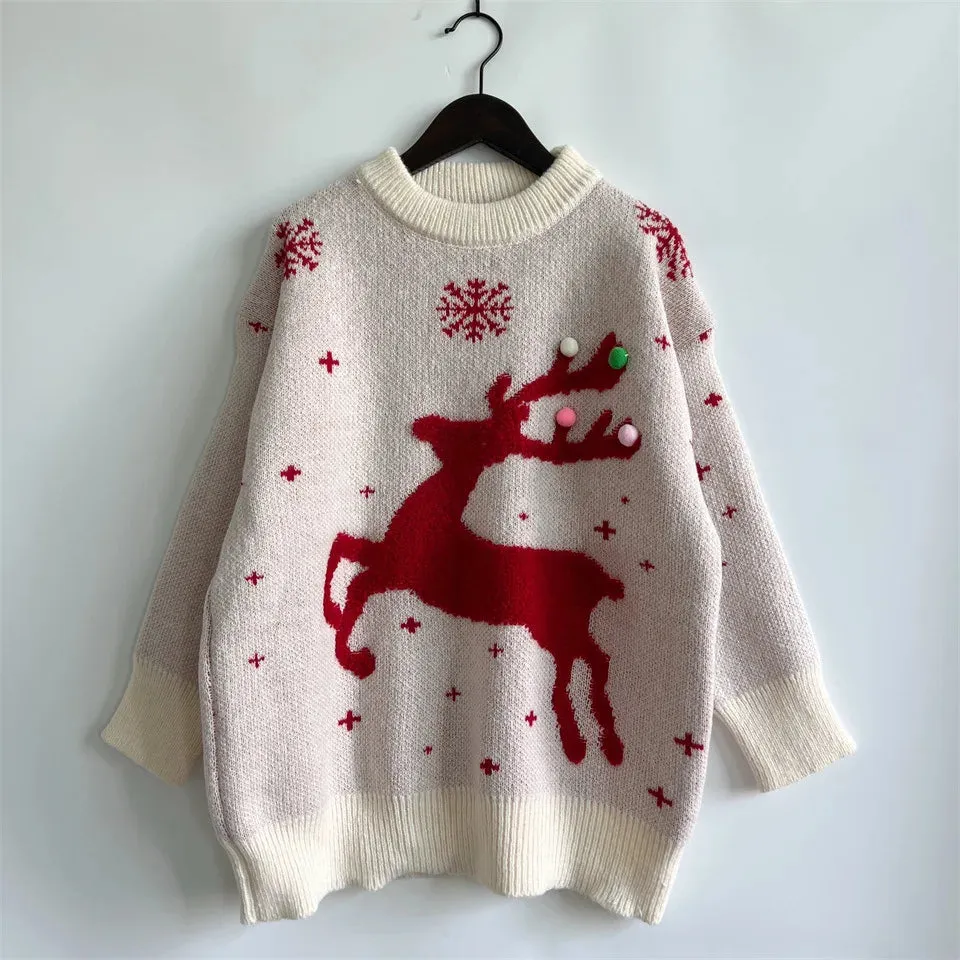 Wenkouban-Christmas Thanksgiving outfits_Korean Style Casual Loose Christmas Pullover Red Christmas Sweater
