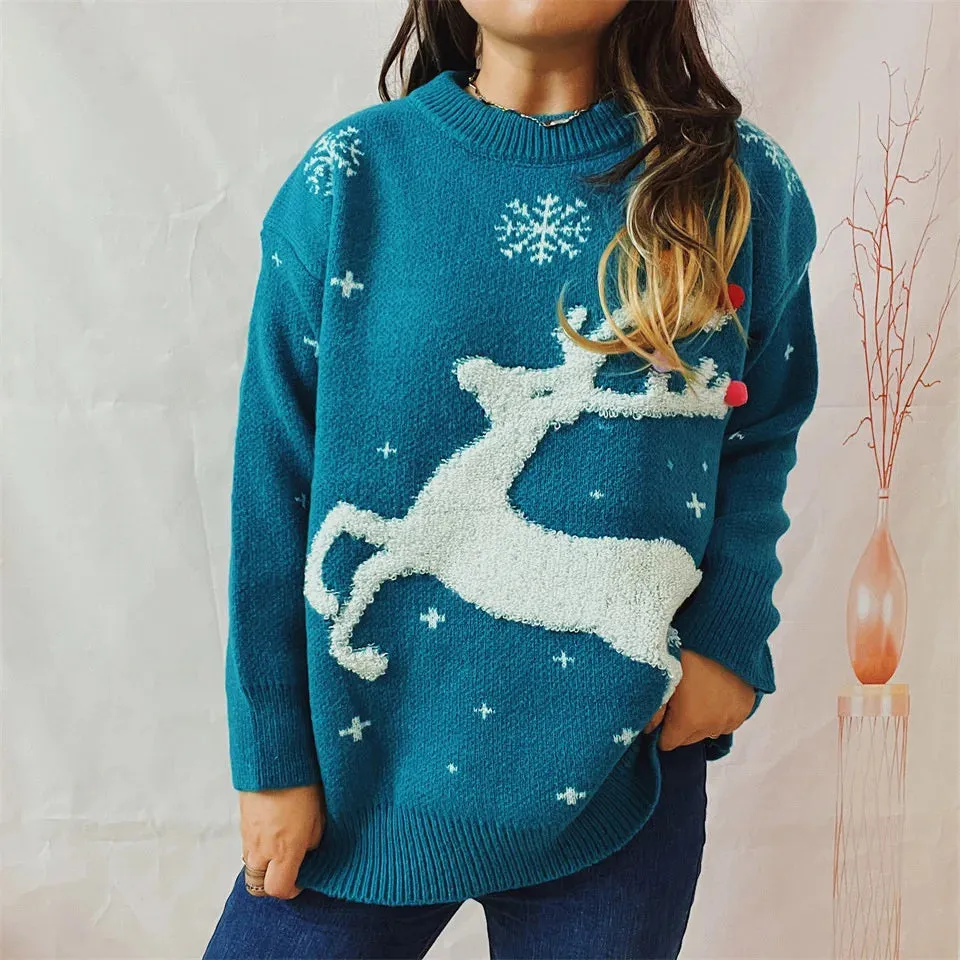 Wenkouban-Christmas Thanksgiving outfits_Korean Style Casual Loose Christmas Pullover Red Christmas Sweater