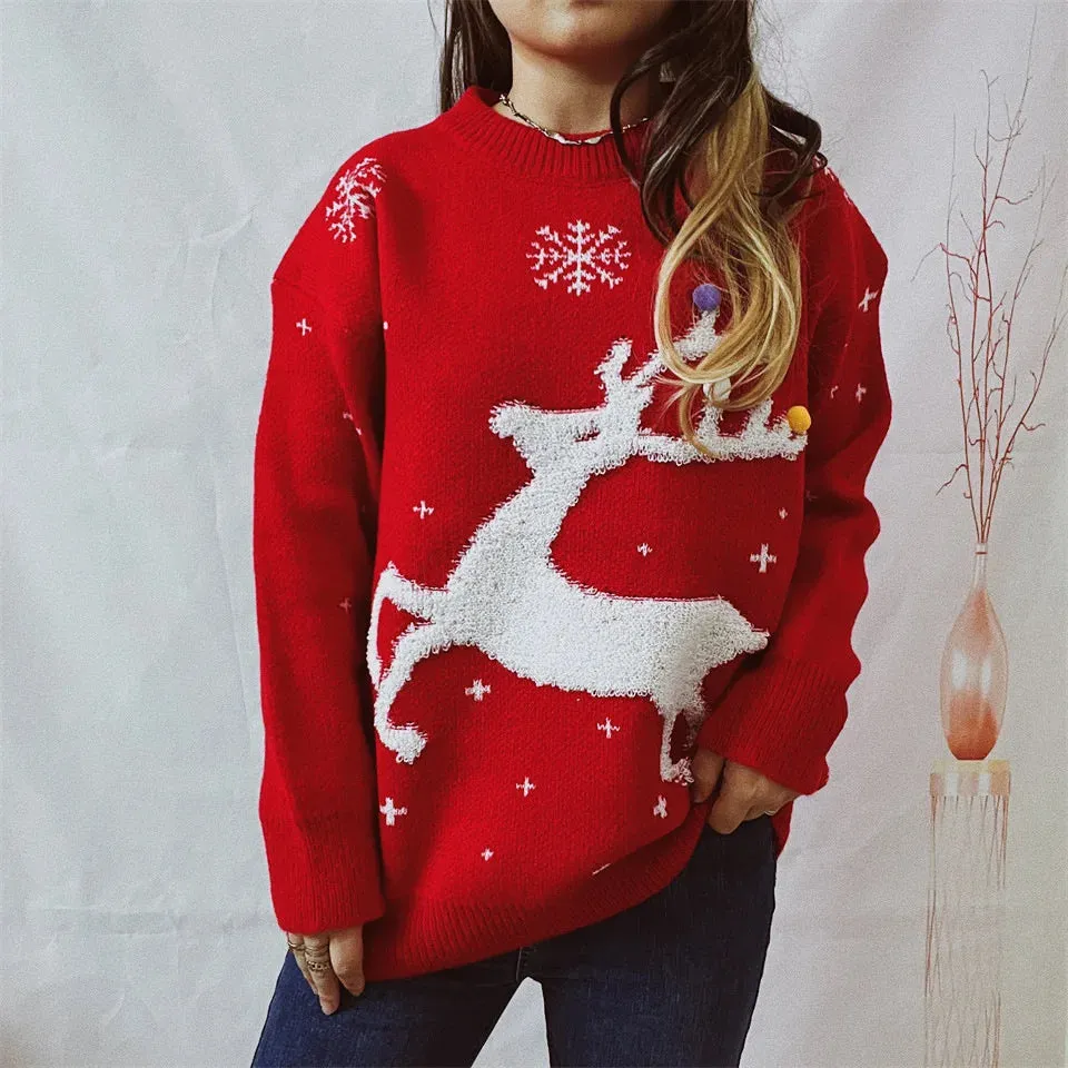 Wenkouban-Christmas Thanksgiving outfits_Korean Style Casual Loose Christmas Pullover Red Christmas Sweater