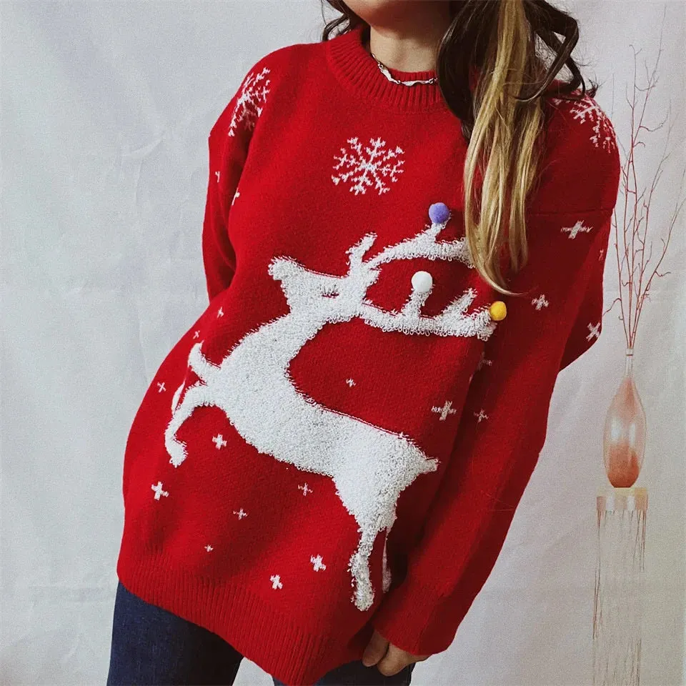 Wenkouban-Christmas Thanksgiving outfits_Korean Style Casual Loose Christmas Pullover Red Christmas Sweater