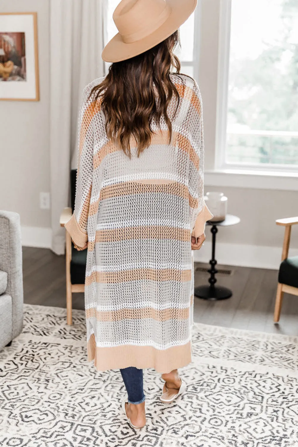 Women Color Block Oversized Open Front Striped Loose Knit Cardigan
