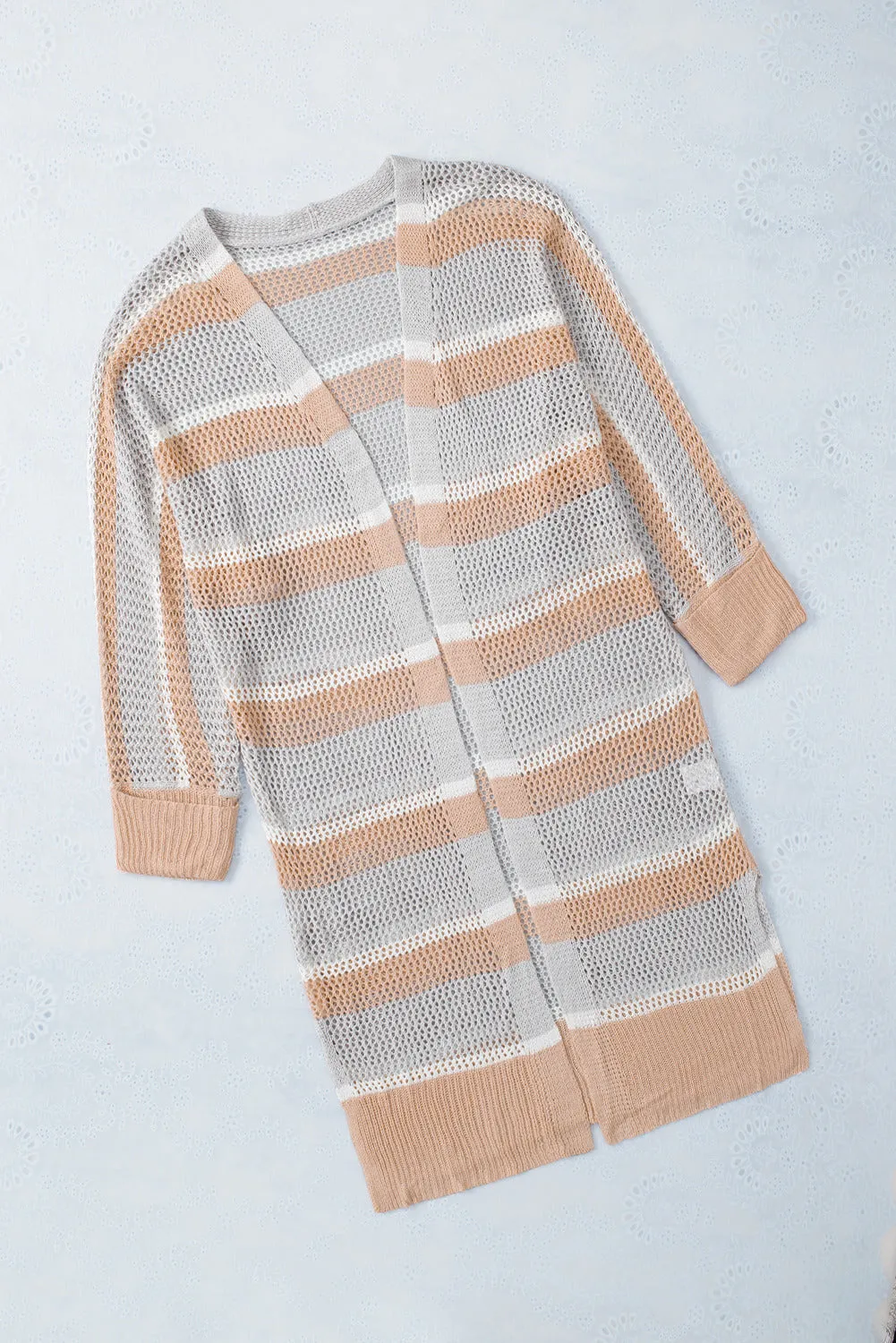 Women Color Block Oversized Open Front Striped Loose Knit Cardigan