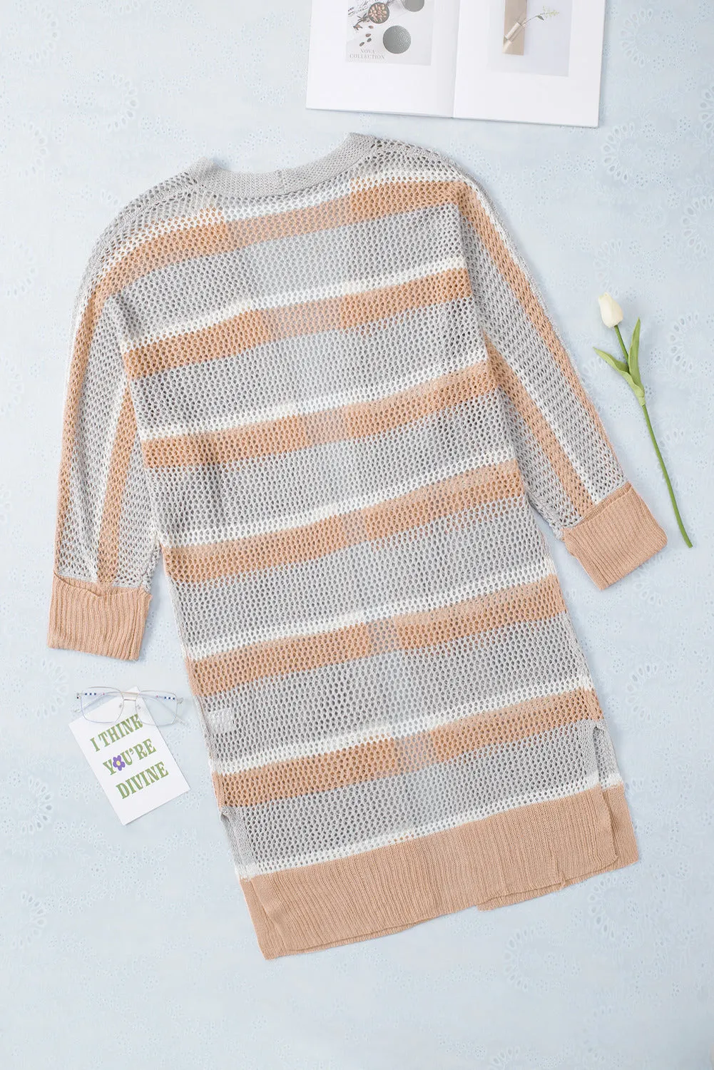 Women Color Block Oversized Open Front Striped Loose Knit Cardigan