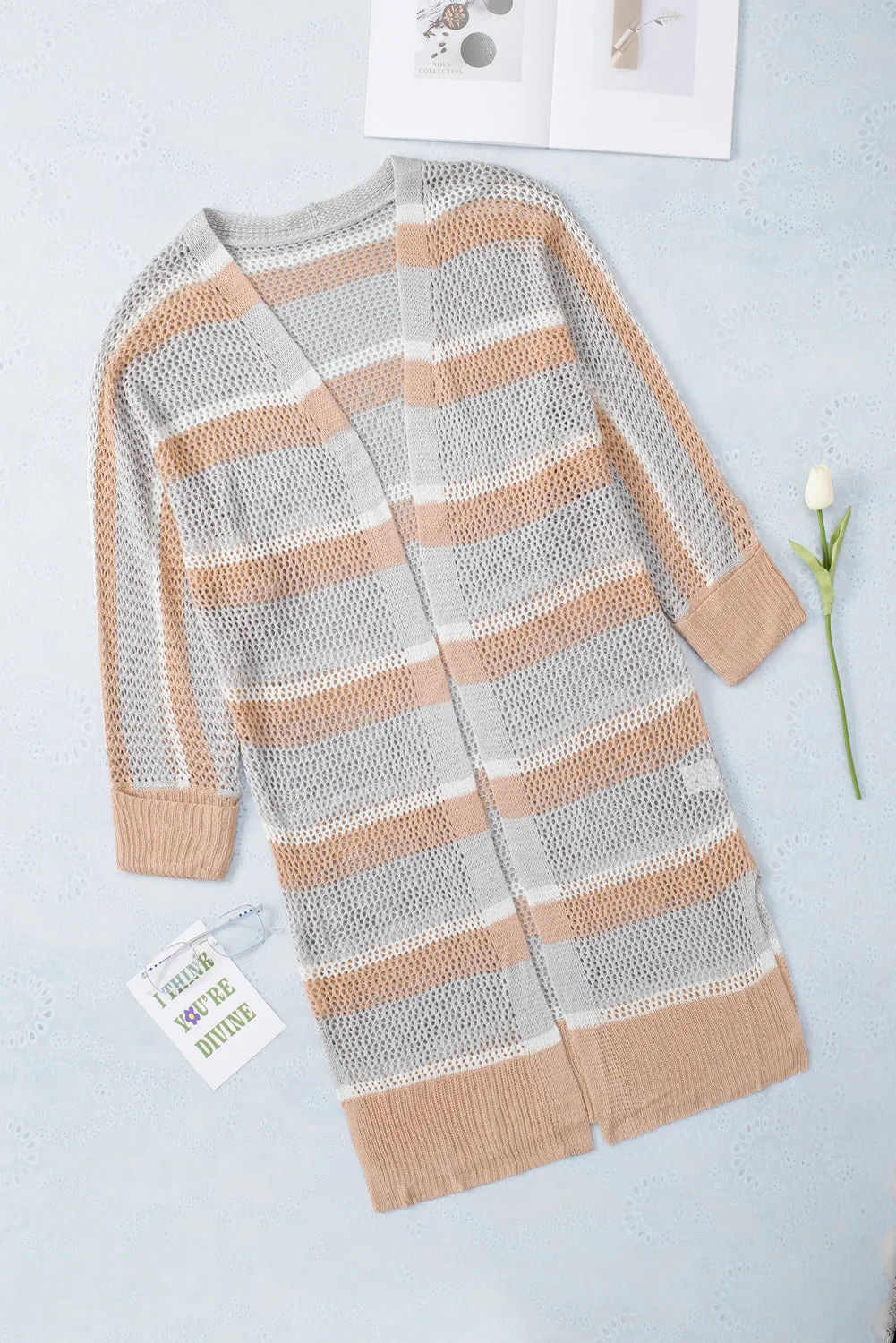 Women Color Block Oversized Open Front Striped Loose Knit Cardigan