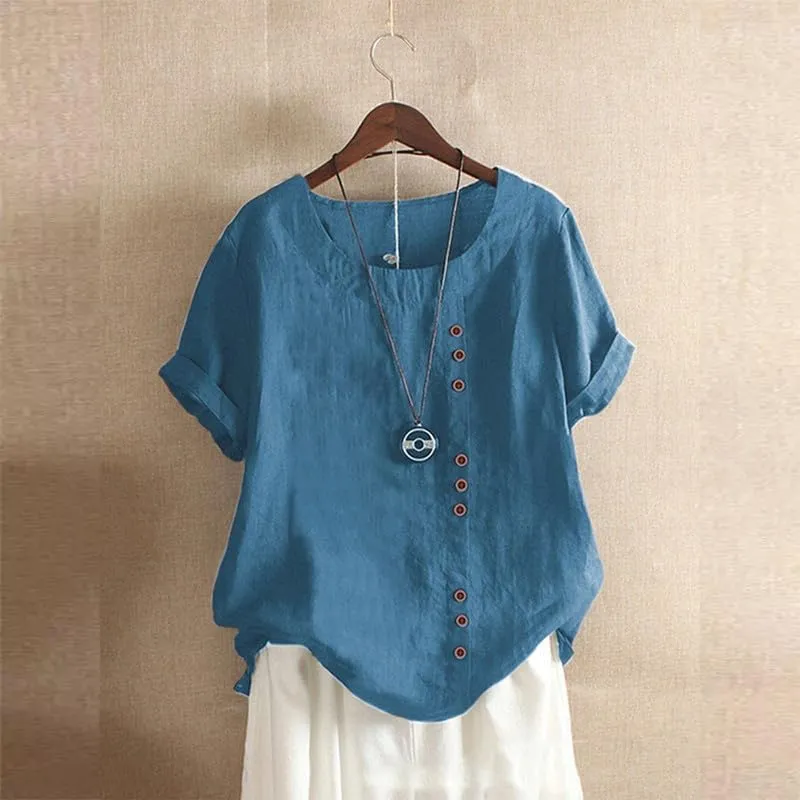 Women's Cotton Linen Shirts Short Sleeve Crewneck Blouse Button Casual Loose Fit T Shirt Tunic Tops for Summer