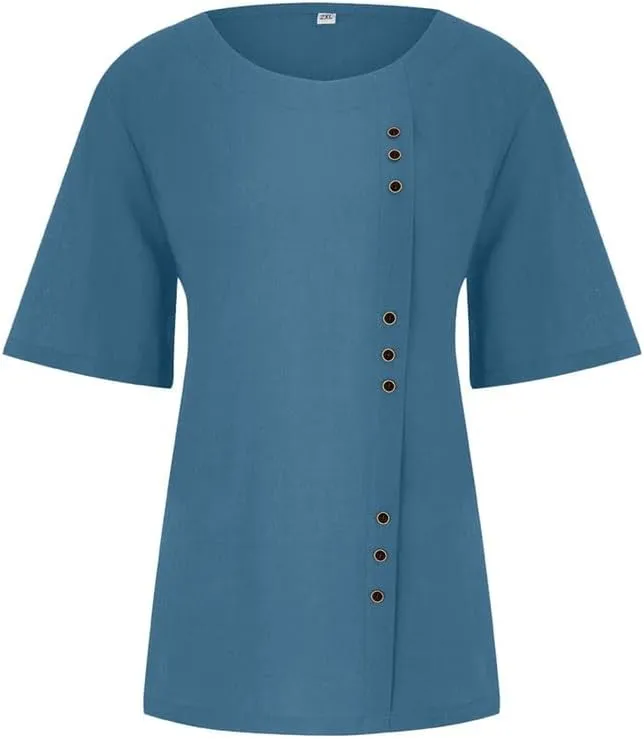 Women's Cotton Linen Shirts Short Sleeve Crewneck Blouse Button Casual Loose Fit T Shirt Tunic Tops for Summer