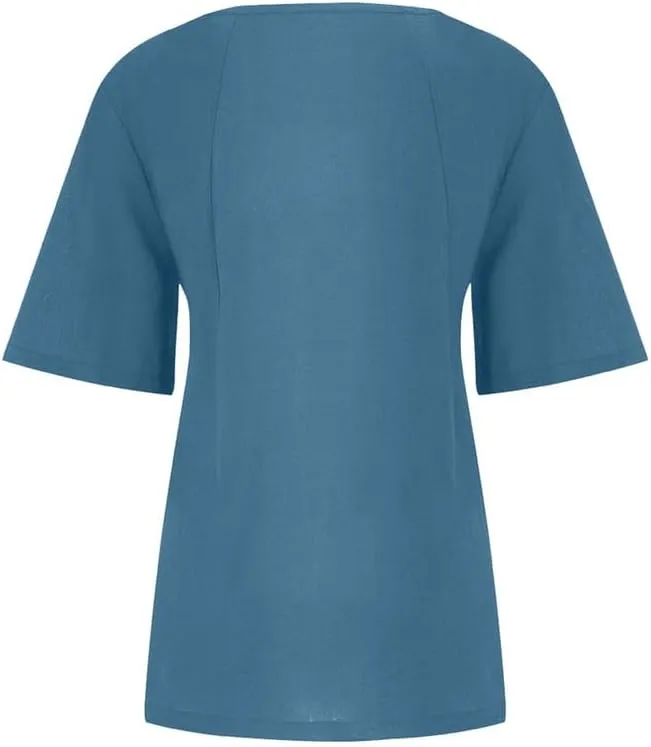 Women's Cotton Linen Shirts Short Sleeve Crewneck Blouse Button Casual Loose Fit T Shirt Tunic Tops for Summer