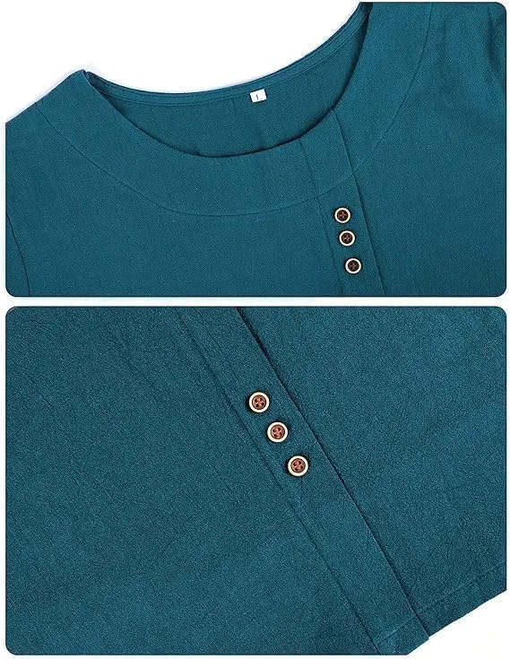 Women's Cotton Linen Shirts Short Sleeve Crewneck Blouse Button Casual Loose Fit T Shirt Tunic Tops for Summer