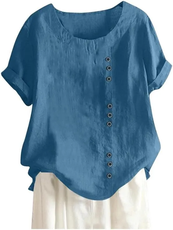Women's Cotton Linen Shirts Short Sleeve Crewneck Blouse Button Casual Loose Fit T Shirt Tunic Tops for Summer